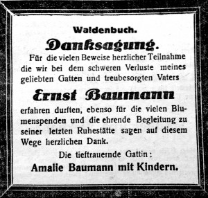 Danksagung für Ernst Baumann. Filder-Bote 05.12.1028